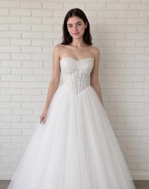 Trish V1 debutante gown video – strapless lace corset gown with sparkle tulle skirt shown on the mannequin