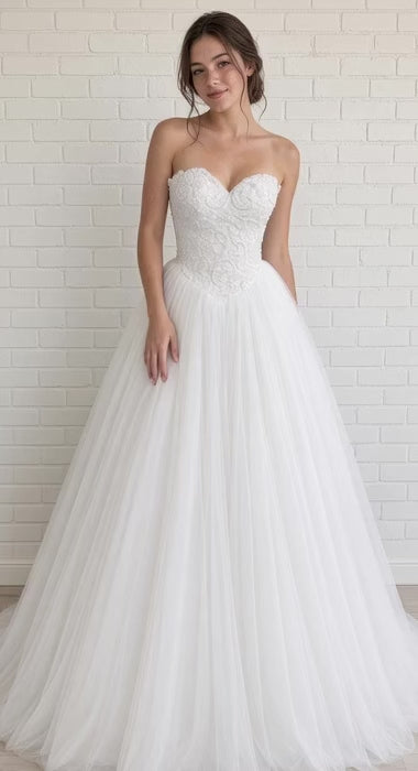 Periana V1 formal debutante dress video – pearl lace corset gown with full tulle skirt shown on the mannequin