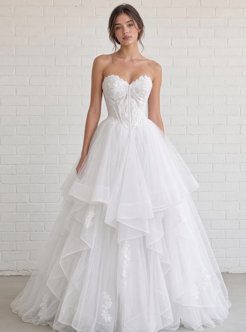 Skye V1 floral lace debutante dress video – strapless lace corset gown with full ruffle skirt shown on the model