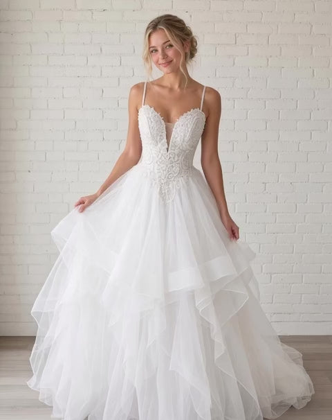 Penny V1 White Debutante Dress – Beaded V-Neck Lace Bodice with Layered Tulle Skirt (Copy).