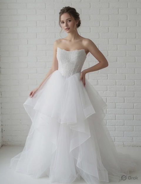 Loretta Lace Beaded Strapless Ruffled Tulle Debutante Ball Gown - model turning in elegant white lace beaded ruffled tulle gown