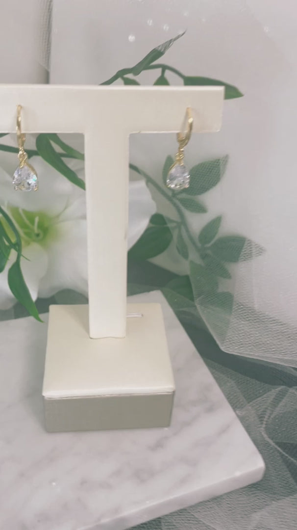 Sabrina Gold Wedding Earrings | CZ Teardrop Design.