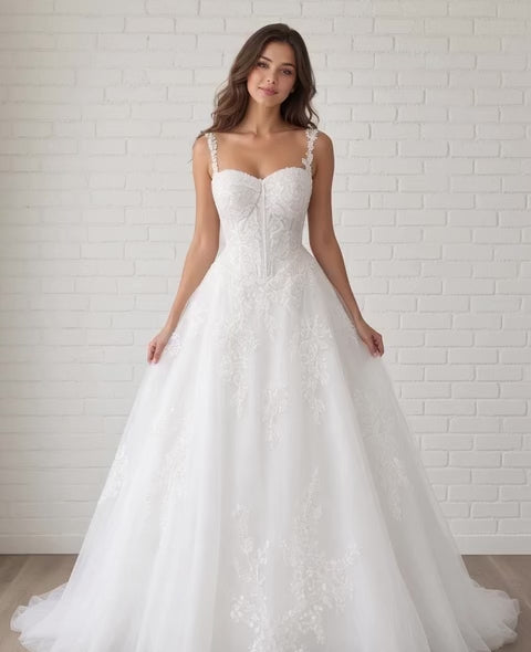 Deborah V1 Deb Ball Dress video – white lace appliqué sweetheart debutante gown with full tulle skirt, shown on the mannequin from front and detail views