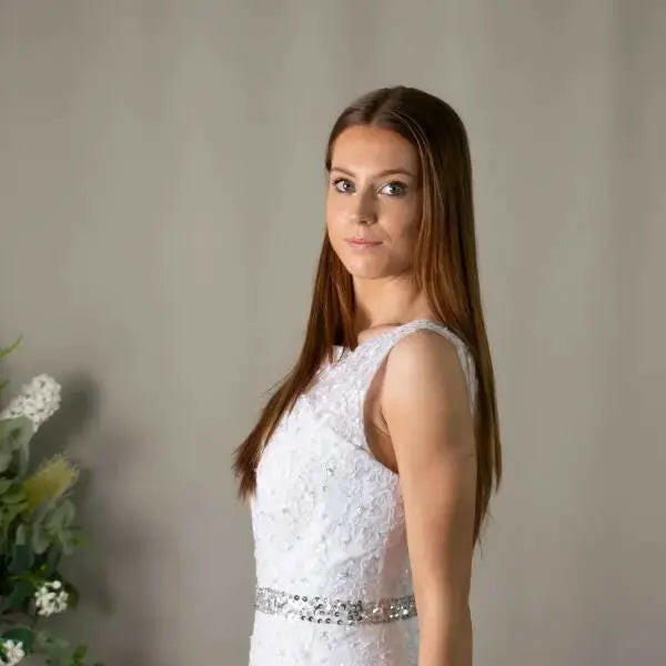 Sarah High Neckline Lace Deb Dress – Mermaid Style Debutante Gown.