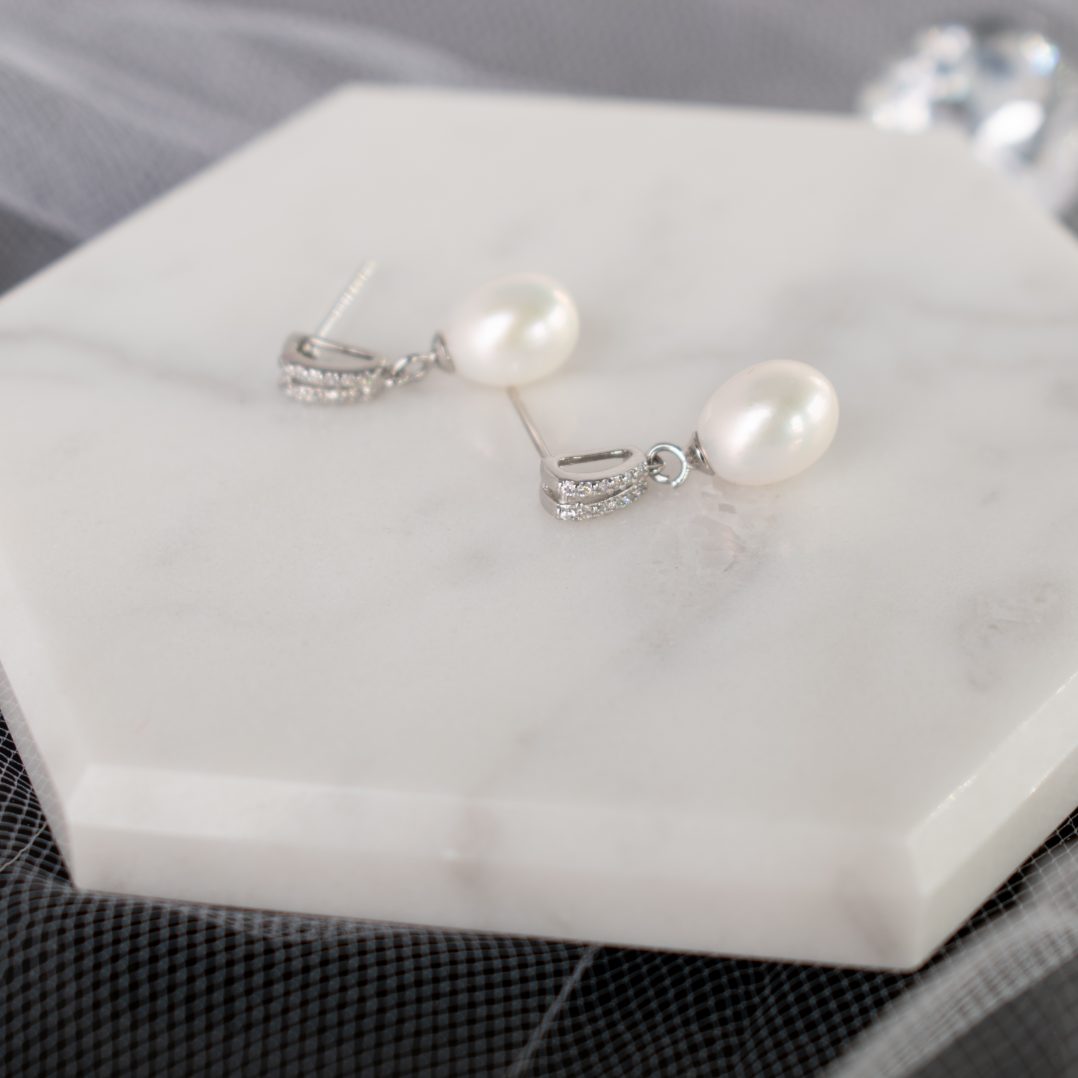 Trendy Geometric Pearl Earrings with Rhodium Plating - Divine Bridal's Allyn Collection
