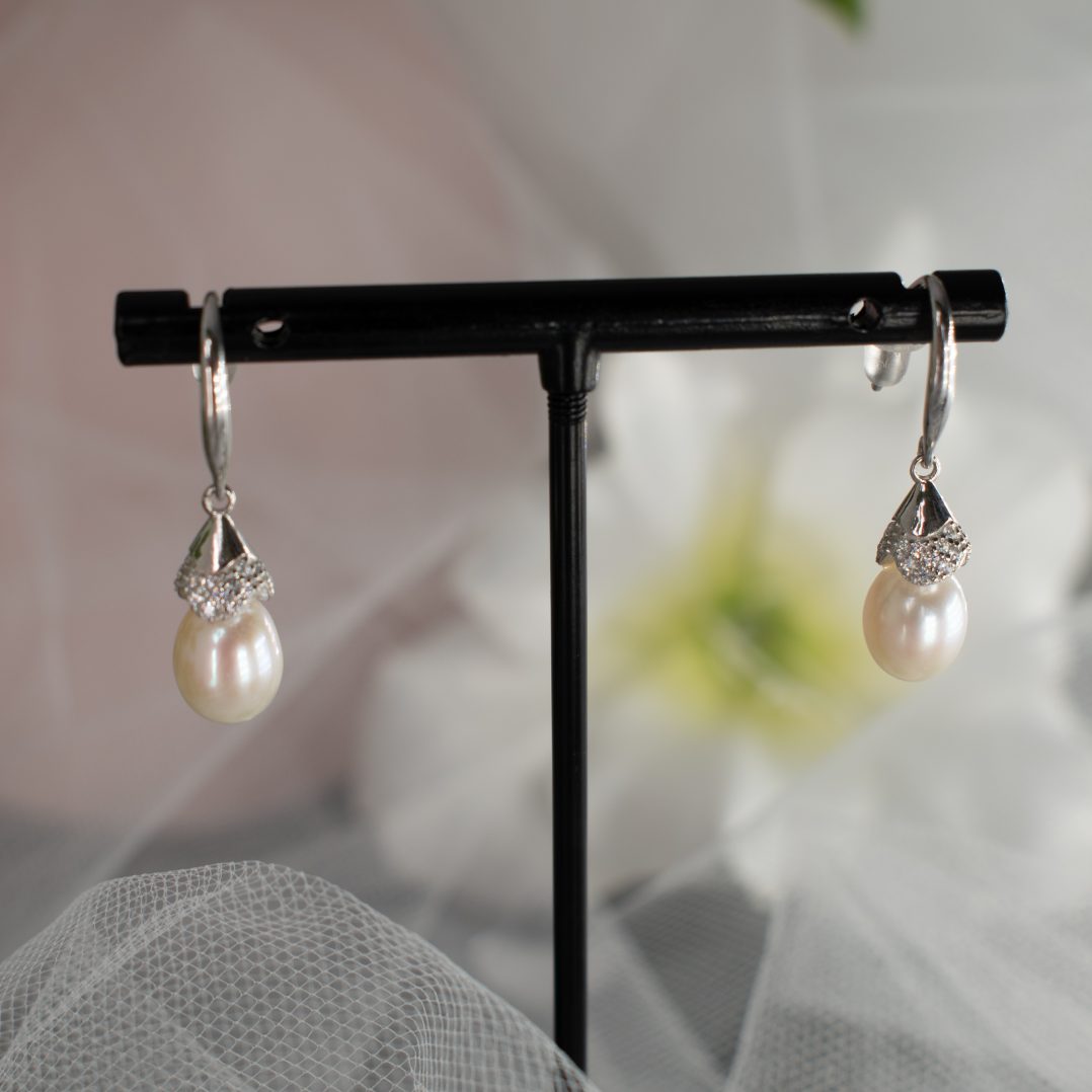 Adria Sterling Silver Pendant Earrings with Crystal CZ and Natural Pearl - Divine Bridal