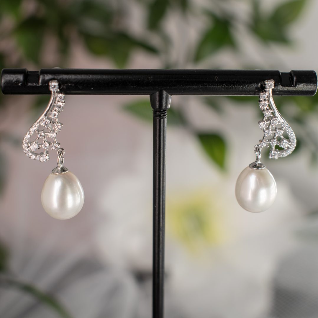 Bella Sterling Silver Pearl Drop Earrings with CZ Accents - Divine Bridal